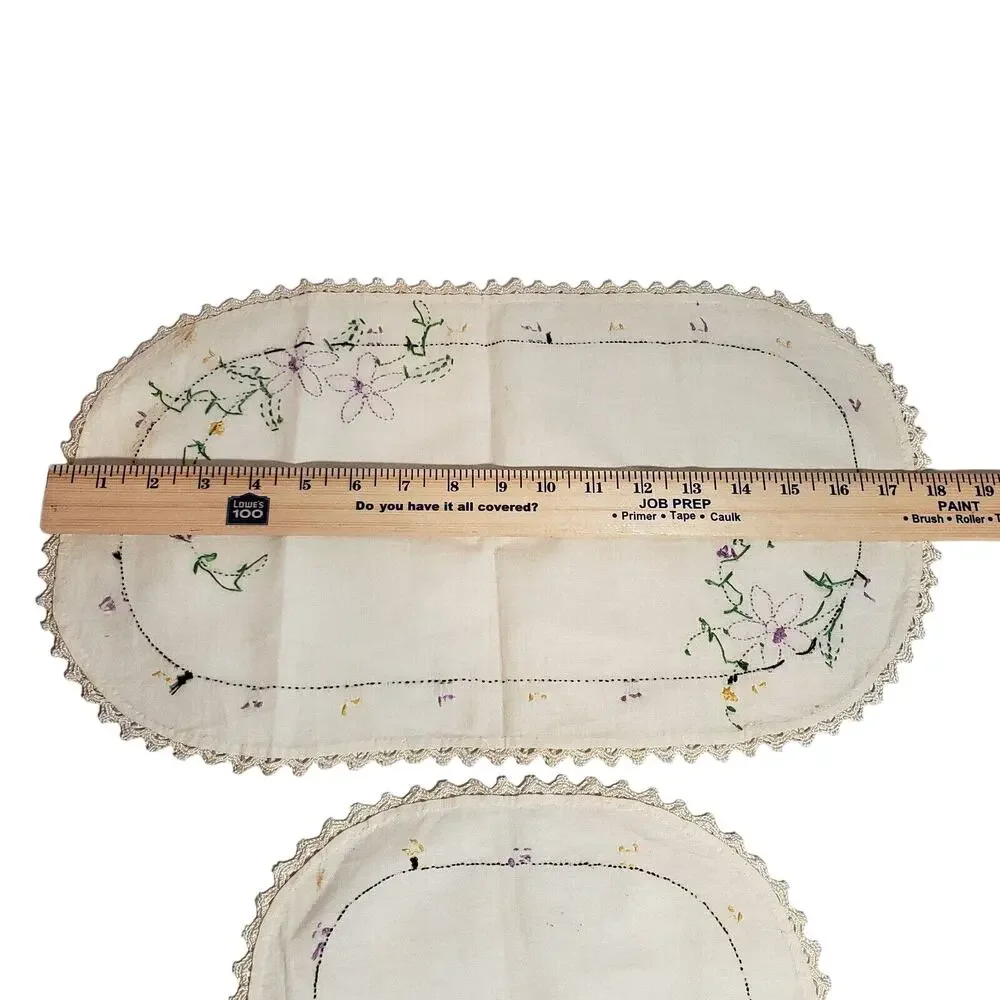 VTG TABLE RUNNERS SET OF 2 PURPLE FLOWER EMBROIDERED DRESSER SCARF ESTATE VANITY